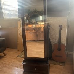 Tall Mirrored Jewelry Armoire – Freestanding Cabinet w/ Drawer