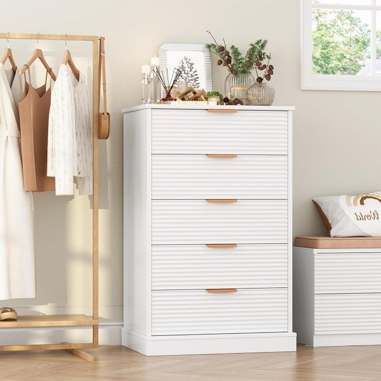 5 Drawer Dresser, White Dresser for Bedroom with Wavy Patterns, Wood Dressers with Embedded Handles, Modern Style Chest of Drawers for Living Room Hal
