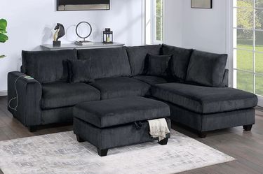 Black Sectional Set W/ USB Port + Storage Ottoman