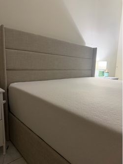Modern Upholstered Queen Size Bed Frame with Tall Headboard – Light Gray
