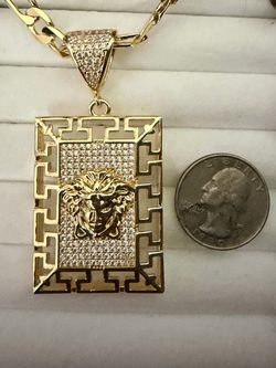 Gold-Tone Medusa Pendant with Cuban Chain