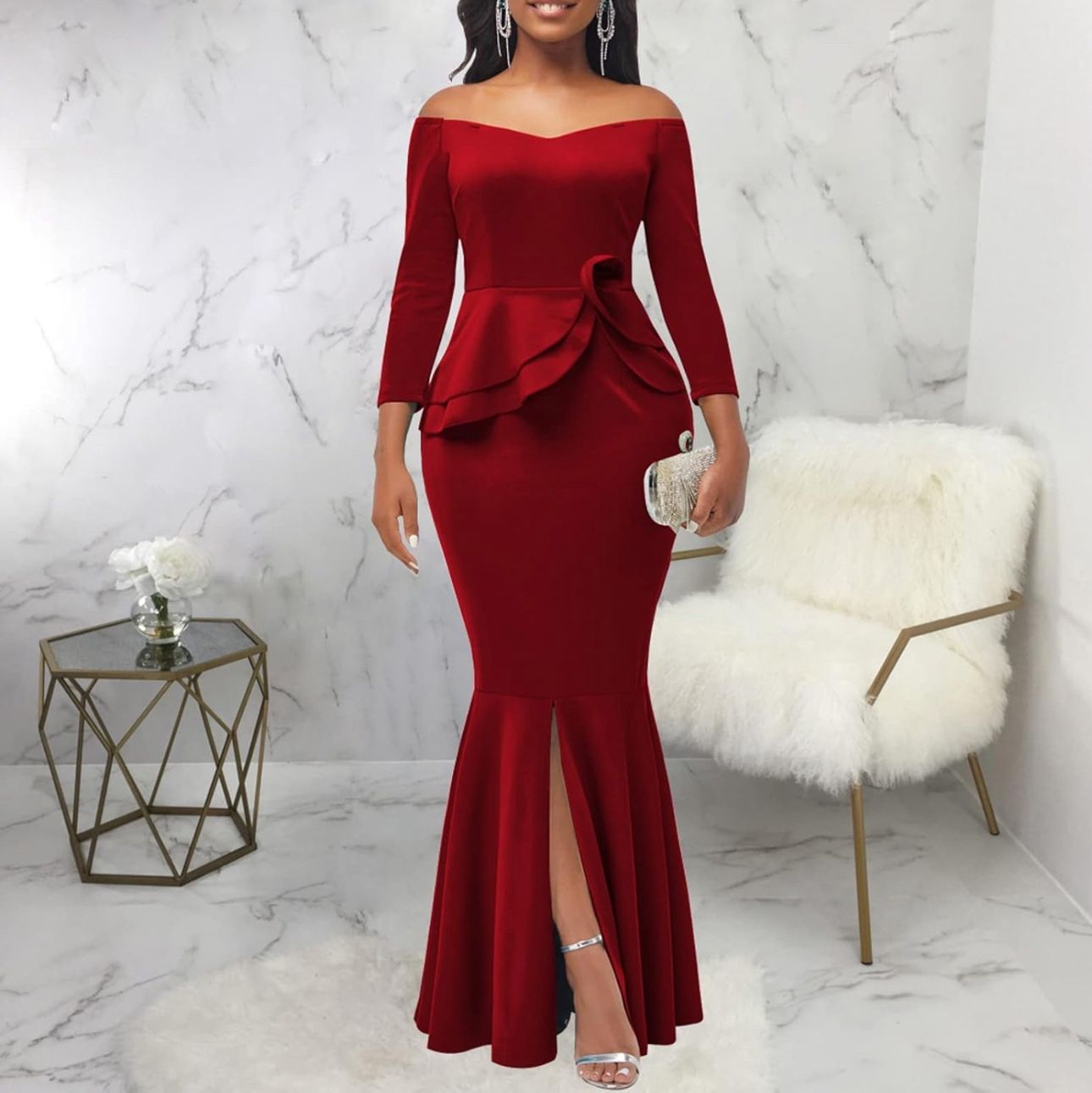 Formal Off Shoulder Dress Elegant Short Sleeve Split Long Dresses