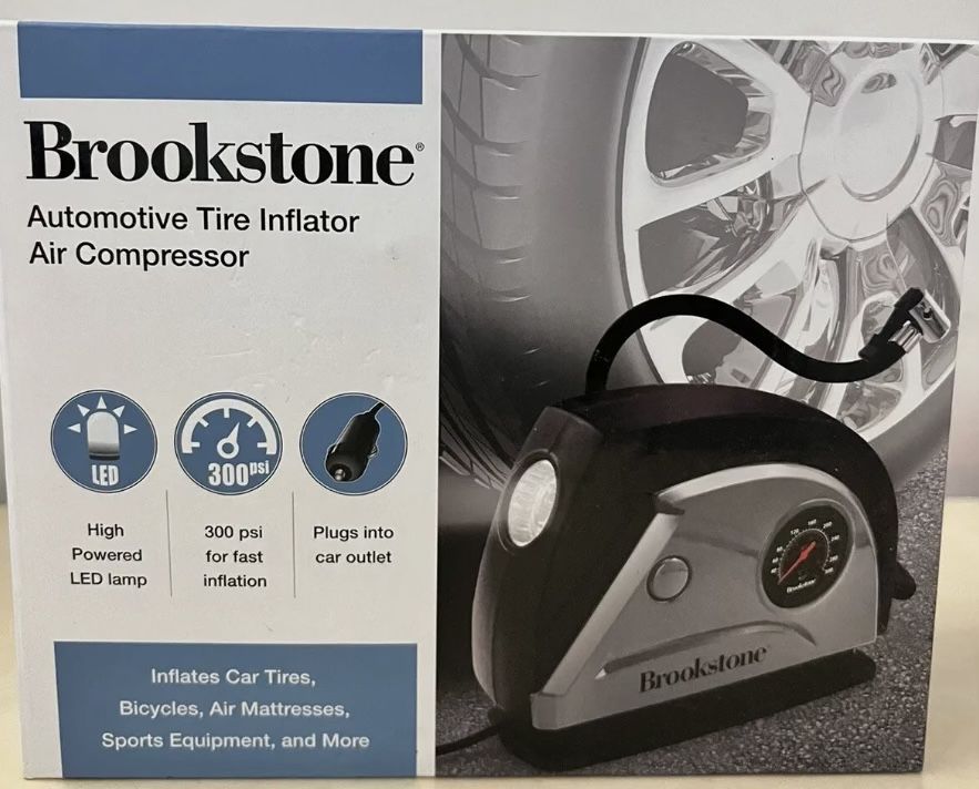BRAND NEW IN BOX Brookstone Automotive Tire Inflator Air Compressor 300 PSI 12V Car Outlet