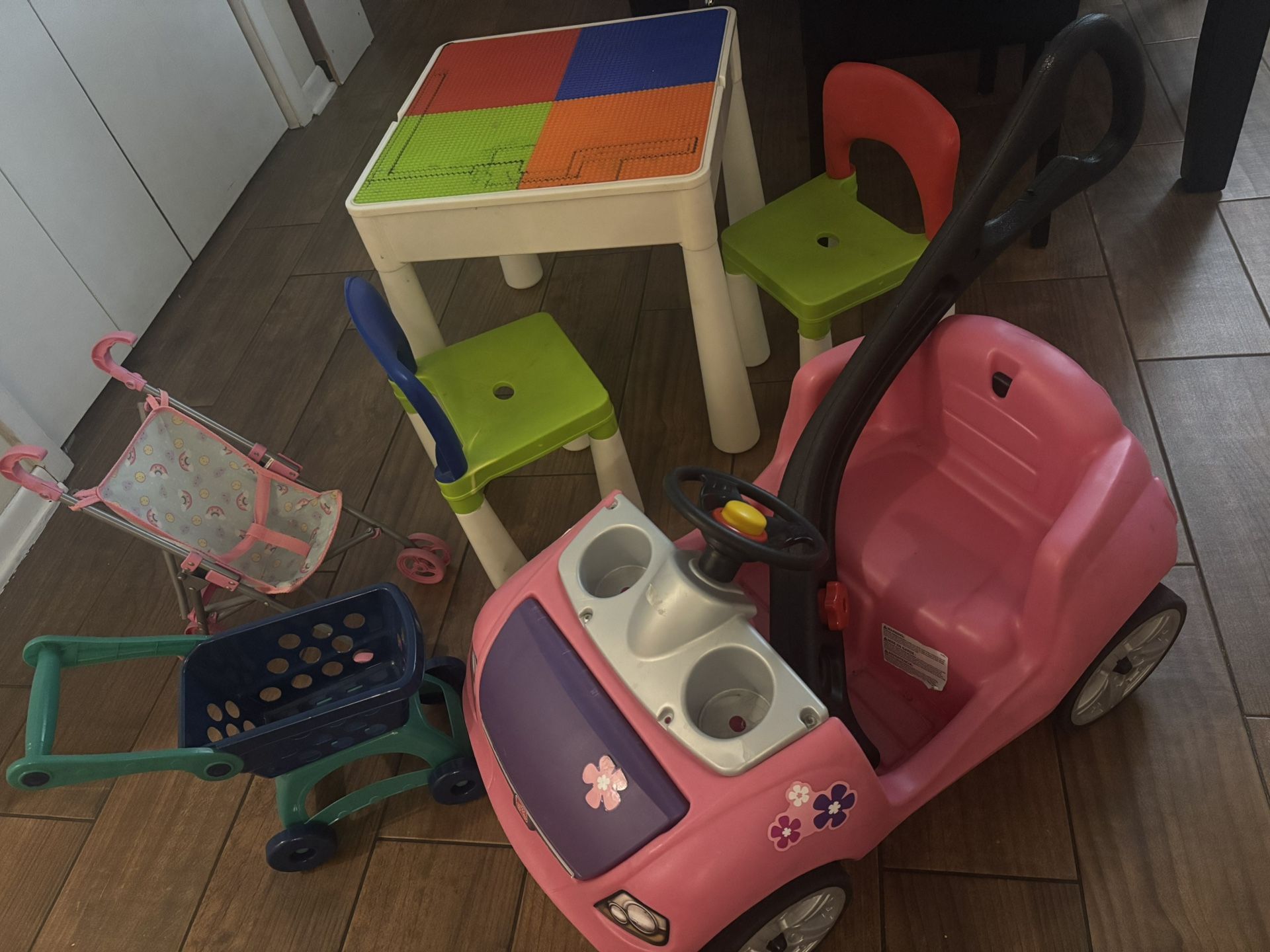 Step 2 Pink Car,  Doll Stroller, Small Shopping Car  And Lego Table / 2 Chairs 