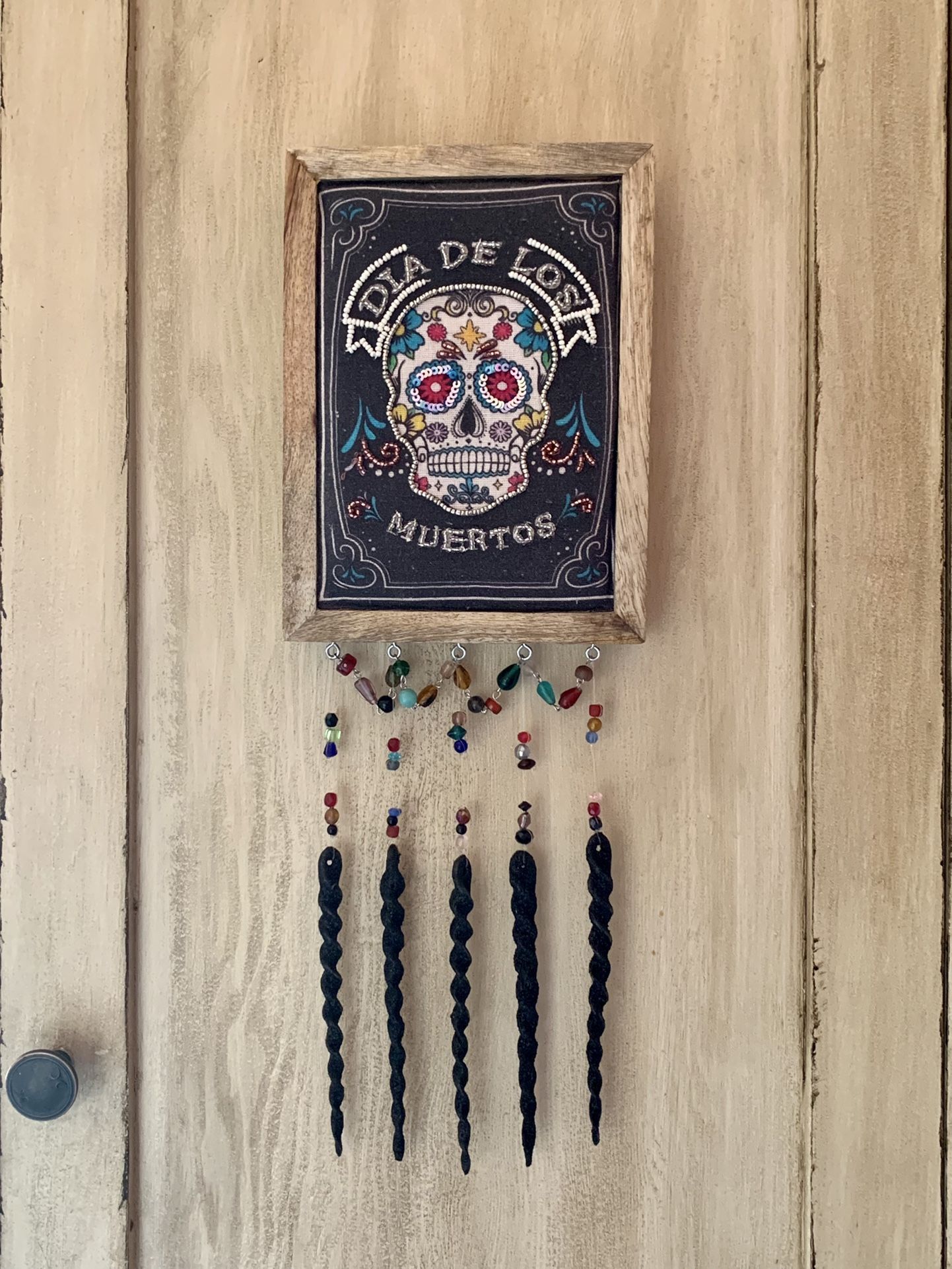 Handcrafted Day Of The Dead Skull Dia De Muertos Beaded Halloween Hanging Wall Art Beaded Mixed Media Decor