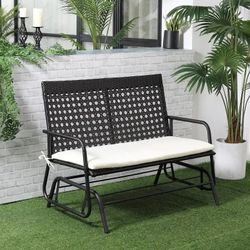 2-Person Outdoor Glider Bench, Handwoven PE Plastic Rattan Furniture, Cushioned Rocking Chair Loveseat for Backyard Garden Porch, Brown