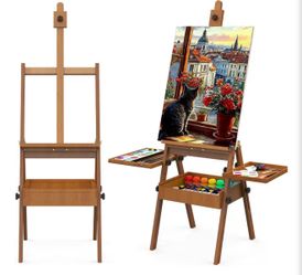 Large Vintage Wooden H-Frame Artist Easel with Storage & Palette