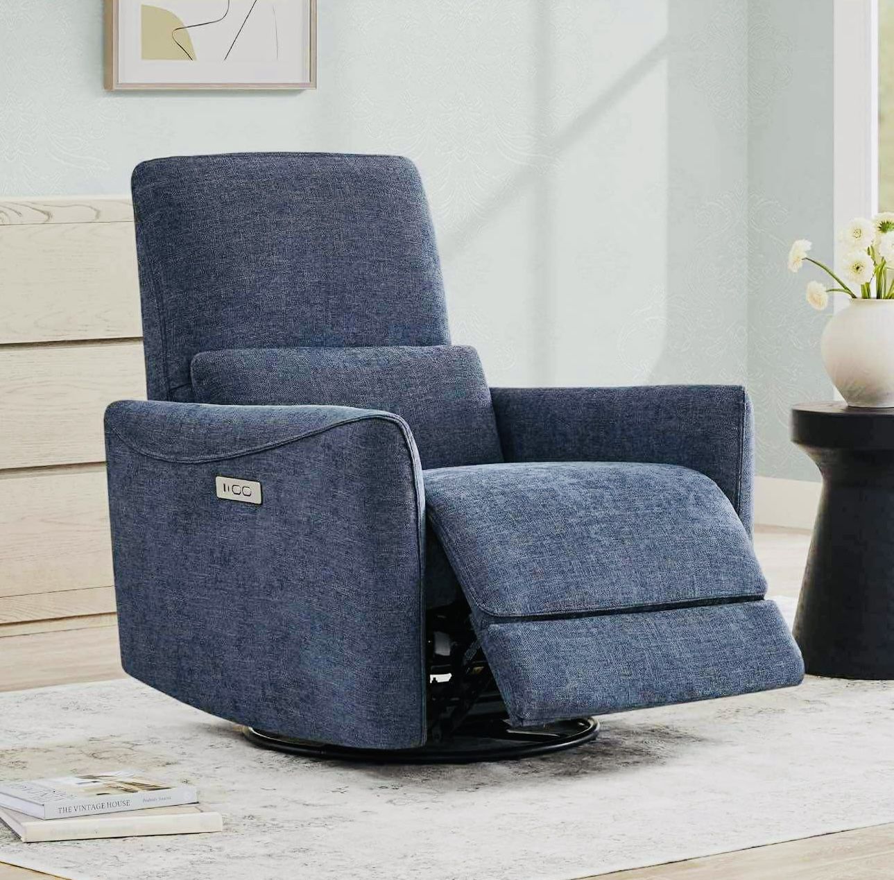 CHITA Power Recliner Chair Swivel Glider, FSC Certified Upholstered Fabric Living Room Nursery Reclining Sofa Chair with Lumbar Support, Ink Blue