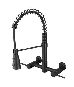 Doubel Handle Wall Mount Gooseneck Pull Down Sprayer Kitchen Sink Faucet Commercial Stainless Steel Taps in Matte Black