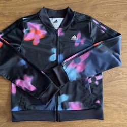 Adidas Kid Girls Black MultiColor Floral Tiedye Print Zip closure Jacket size 14