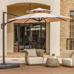 12 FT 2 Tiers Cantilever Patio Umbrella, Outdoor Offset Umbrella, 6-Level 360°Rotation Heavy Duty