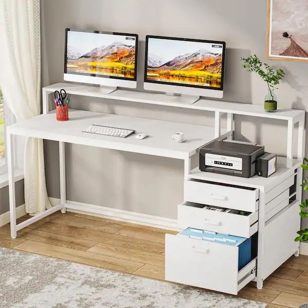Halseey 63 in. Retangular Vintage White Wood 3-Drawer Computer Desk with Monitor Stand