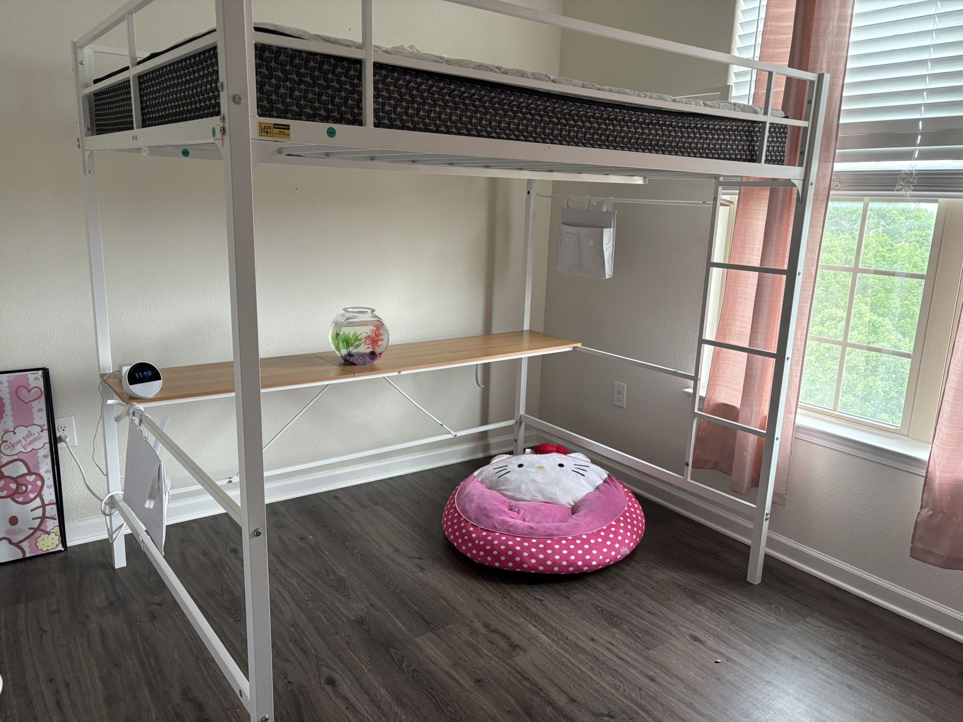 White Loft Bed with Desk + Charging Station