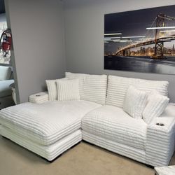 Ivory Jumbo Corduroy 2pc Reversible Sectional Sofa w/ Dual Cupholders & USB Ports