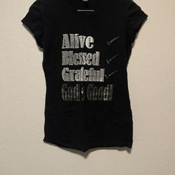 Ejel, Women’s Black Stretchy  Shortsleeved ‘God Is Good’ Blessed Shirt, Size L
