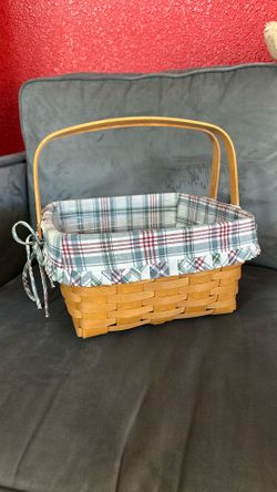 Double Handled Longaberger Basket With Fabric And Plastic Liner