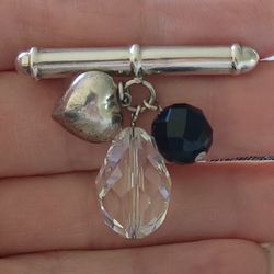 Vtg. Sterling Silver Black Jet Crystal& Puffed Heart & CLEAR Crystal Pin