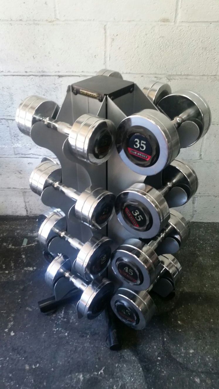 450LB WEIDER CHROME DUMBBELLS WEIGHTS SET AND REVOLVING DUMBBELL RACK 5-45LB
