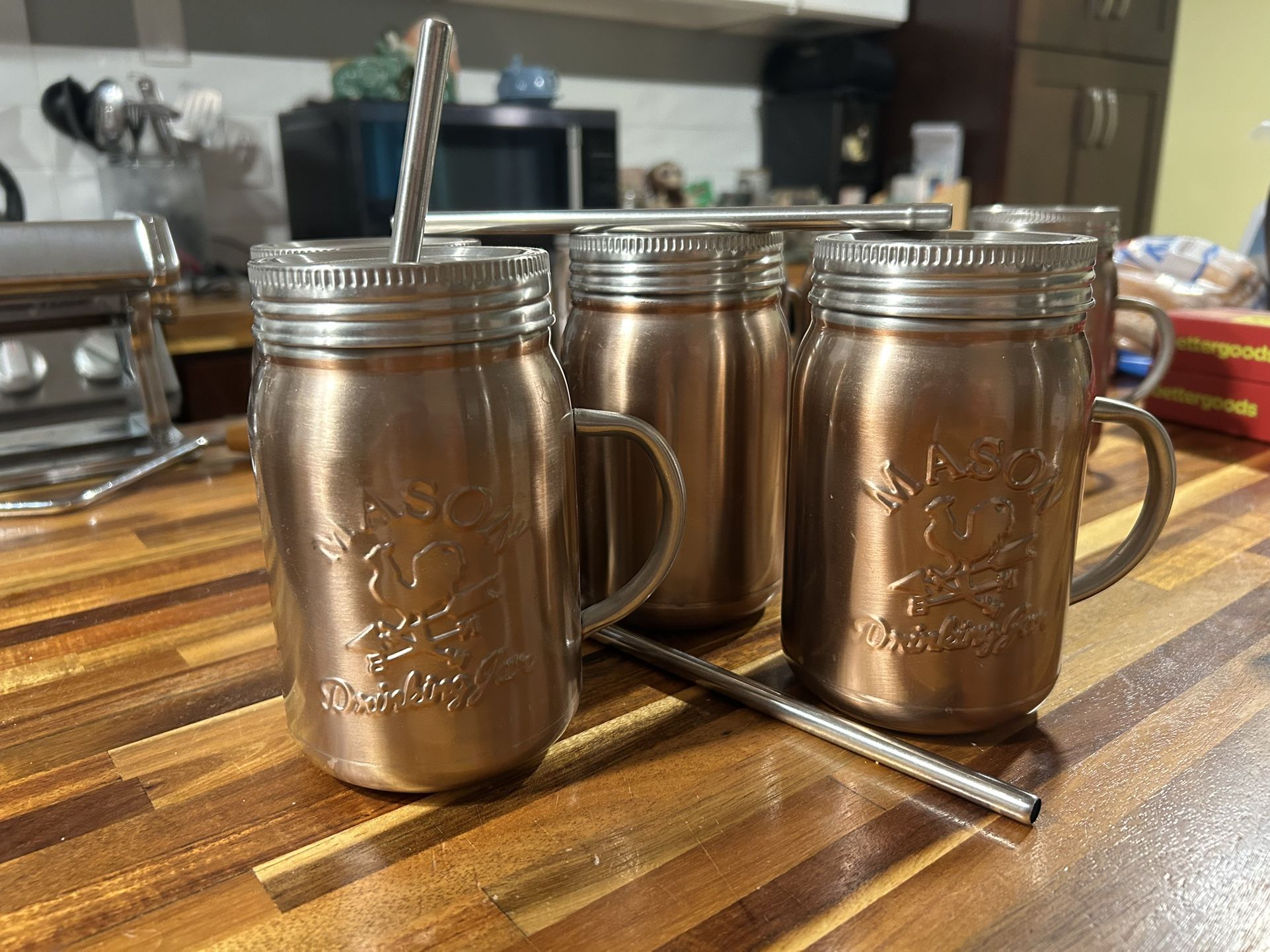 Set Of Copper 6 Mugs With Lid And Metal Straw