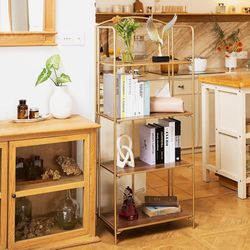 Bookshelf, 4 Tier Gold Bookshelf, Metal Book Shelf for Storage, Folding Bookcase for Office Organization and Storage