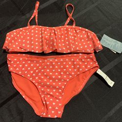 New Old Navy UPF 40 Girls Size XL (14/16) orange with white hearts two piece bikini Swimsuit 