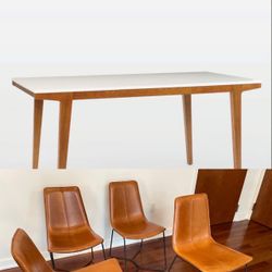 West Elm Modern 60" Dining Table with 4 Leather Chairs