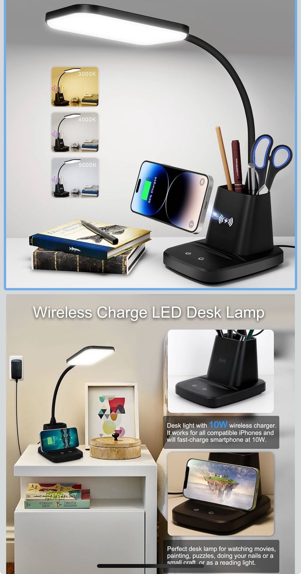 3-1 Sailstar Desk Lamp, LED Desk Lamps for Home Office, Wireless Charger Small Desk Lamp with Pen Holder, 3 Color Modes, Dimmable, CRI 85, 800LM, Stud