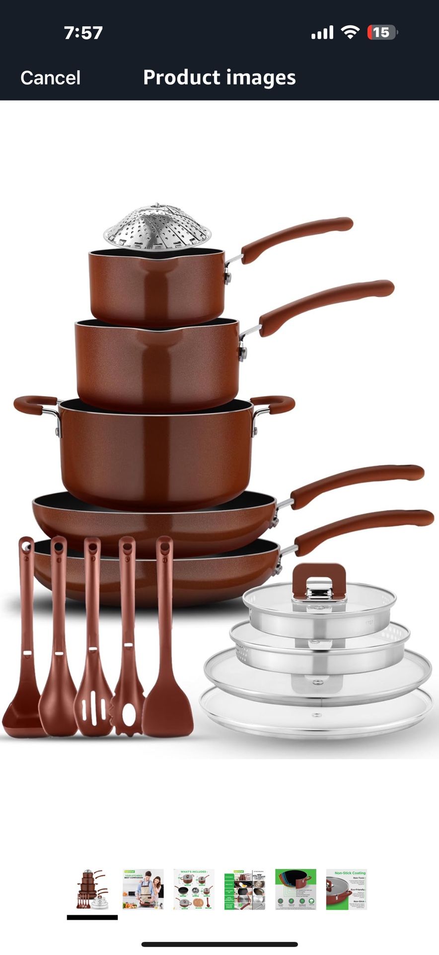 NutriChef 17pcs Brown Stackable Pots and Pans Set, Nonstick Induction Cookware, Space Saving Cookware, Easy Clean, Ideal For RV and Camper, Includes a