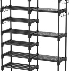 7-Tier Shoe Rack Organizer with Hooks, Black