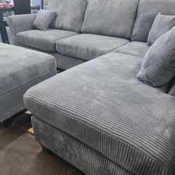 Gray Corduroy Sectional With Storage Ottoman 