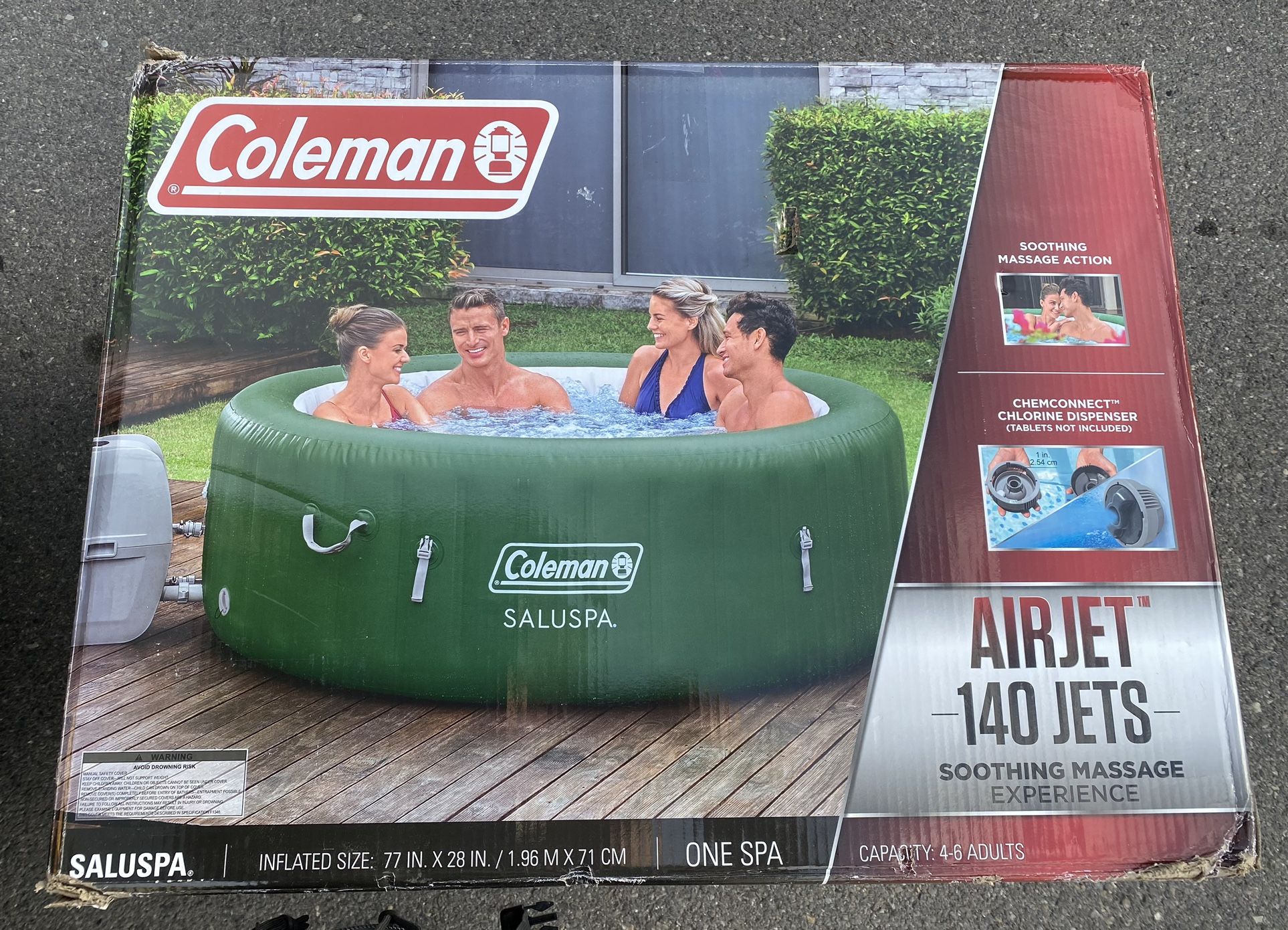 New in box Coleman SaluSpa Inflatable Hot Tub Spa 140 Bubble Jets 77in x 28in