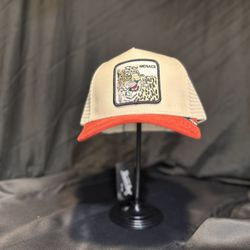 Beige & Red Trucker Cap with Leopard Patch