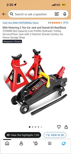 DNA Motoring 2 Ton Car Jack and Stands Kit Red/Black 2T(4000 [bs) Capacity Low Profile Hydraulic Trolley Service/Floor Jack with 2 Ratchet Stands Comb