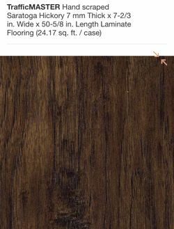 Hand scraped Saratoga Hickory 7 mm Thick x 7-2/3 in. Wide x 50-5/8 in. Length Laminate Flooring (24.17 sq. ft. / case) Hand scraped Saratoga Hickory 7 mm Thick x 7-2/3 in. Wide x 50-5/8 in. Length Laminate Flooring (24.17 sq. ft. / case)