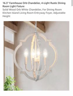 16.3" Rustic White Solid Wood Orb Chandelier – 4-Light Farmhouse Pendant (Brand New)
