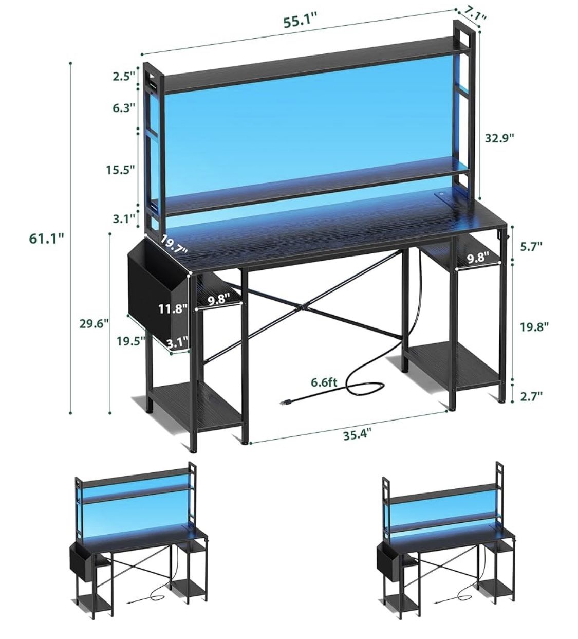 Huuger 55 inch Computer Desk with Adjustable Shelves, Gaming Desk with LED Lights & Power Outlets