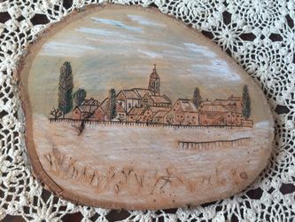 Painted Vintage Pyrography Picture on Pine Wood