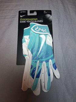New NIKE Youth Hyperdiamond Edge Softball Batting Gloves Size M White/Light Aqua