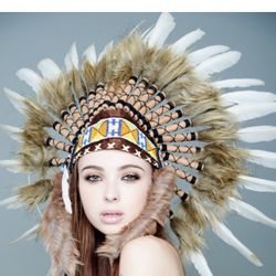Hand-made Brown Fur White Feather Headdress