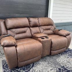 Faux Leather Double Recliner Loveseat Sofa with Hidden Storage and Cup Holders,Elektri Recliner Love