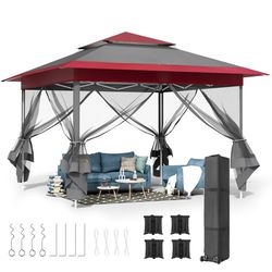 11ft Pop Up Gazebo, Outdoor Instant Canopy Tent w/4 Netting Sidewall & Auto Extending Eave, Patio Gazebos Shelter w/Mesh Wall, Center Lock, Wheeled Ba