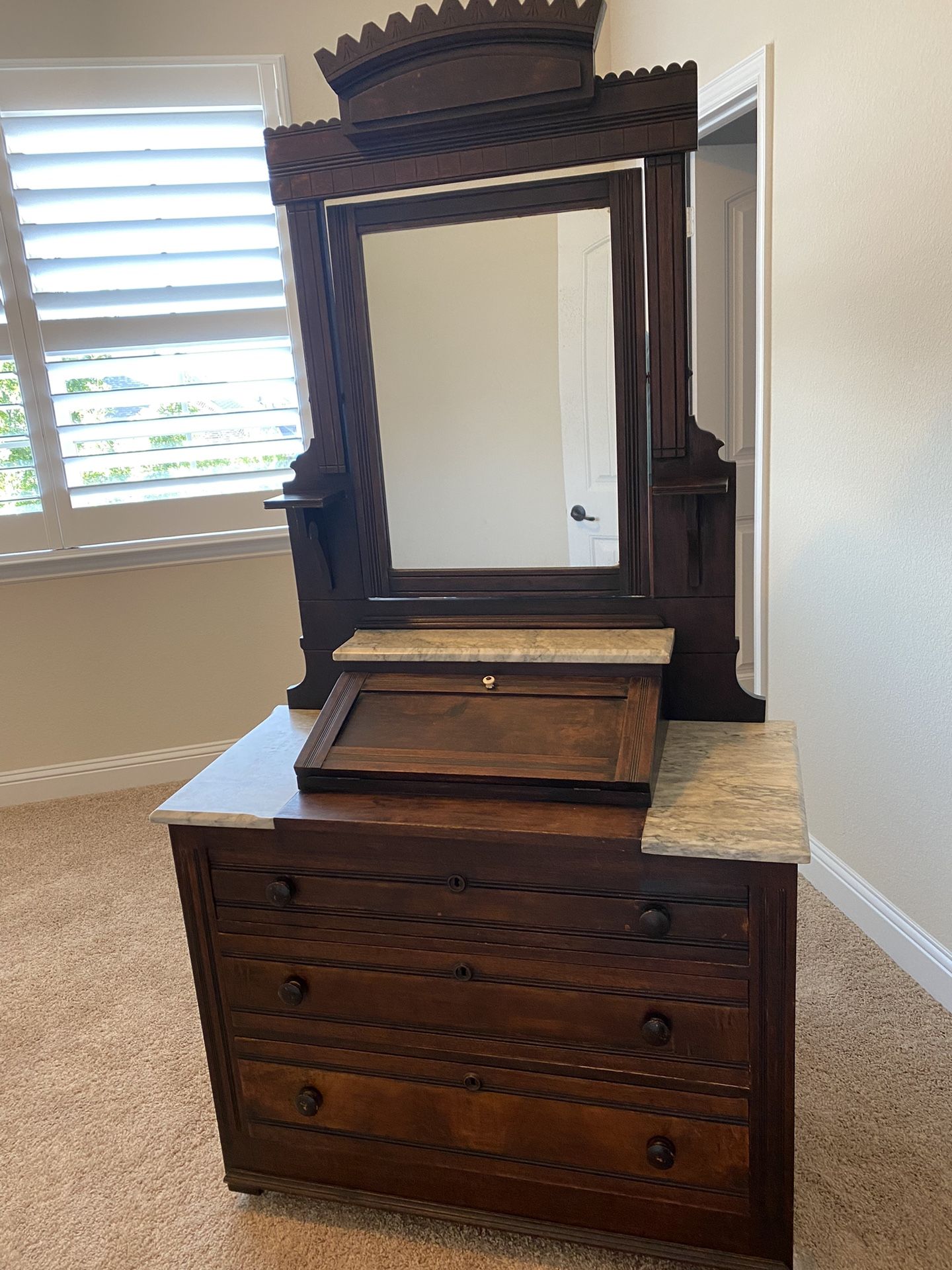 1(contact info removed) Antique Marble Top Dresser Or Chest With Mirror