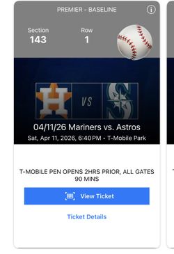FRONT ROW- Sat 4/11- Houston Astros At Seattle Mariners
