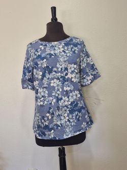 Liz Claiborne Women's Blue White Floral Cotton Short Sleeve Top Size L