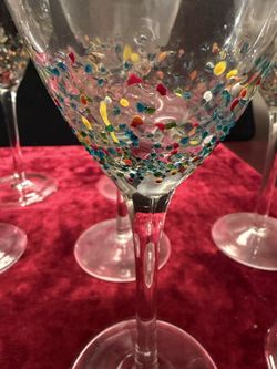 Set Of 11 Handblown Multi Colored Speckled Wine Glasses