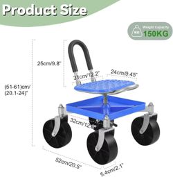 🥨360° Swivel Garden Cart Seat - Height Adjustable Rolling Stool with Tool Tray & All-Terrains Wheels, 330Lbs Heavy Duty Gardening Stool for Seniors, 
