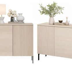 WAMPAT Fluted Nightstand Set of 2,31.5" Wide Modern Mid Century End Table with 2 Doors, Wooden Bedside Table with Storage