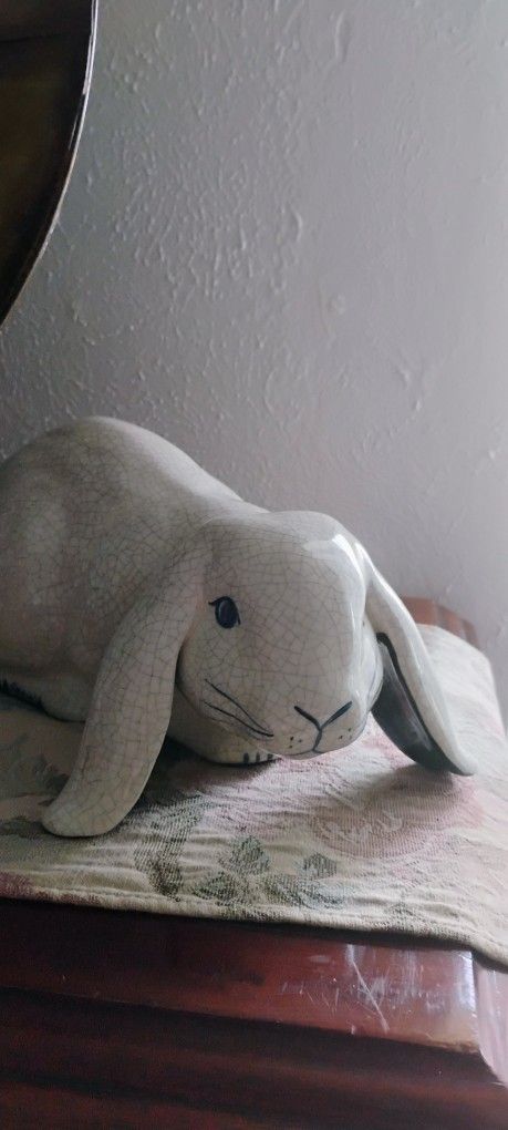 Dedham Potting Shed Large Bunny Rabbit Figurine Pottery Blue White Crackle