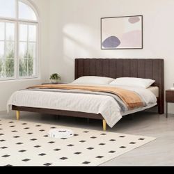New In Box!☑️ Complete Beautiful  Upholstered Platform Bed Frame - Brown Velvet, King Size
