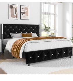 Lullabyre Queen Size Bed Frame, Upholstered Bed Frame with Diamond Tufted Headboard, Modern Silverside Wingback, No Box Spring Needed, Easy Assembly, 